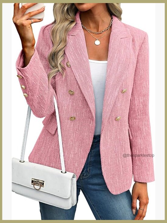 Jackets & Blazers - Tweed Blazer Slim Fit Double Breasted Business Casual Jacket